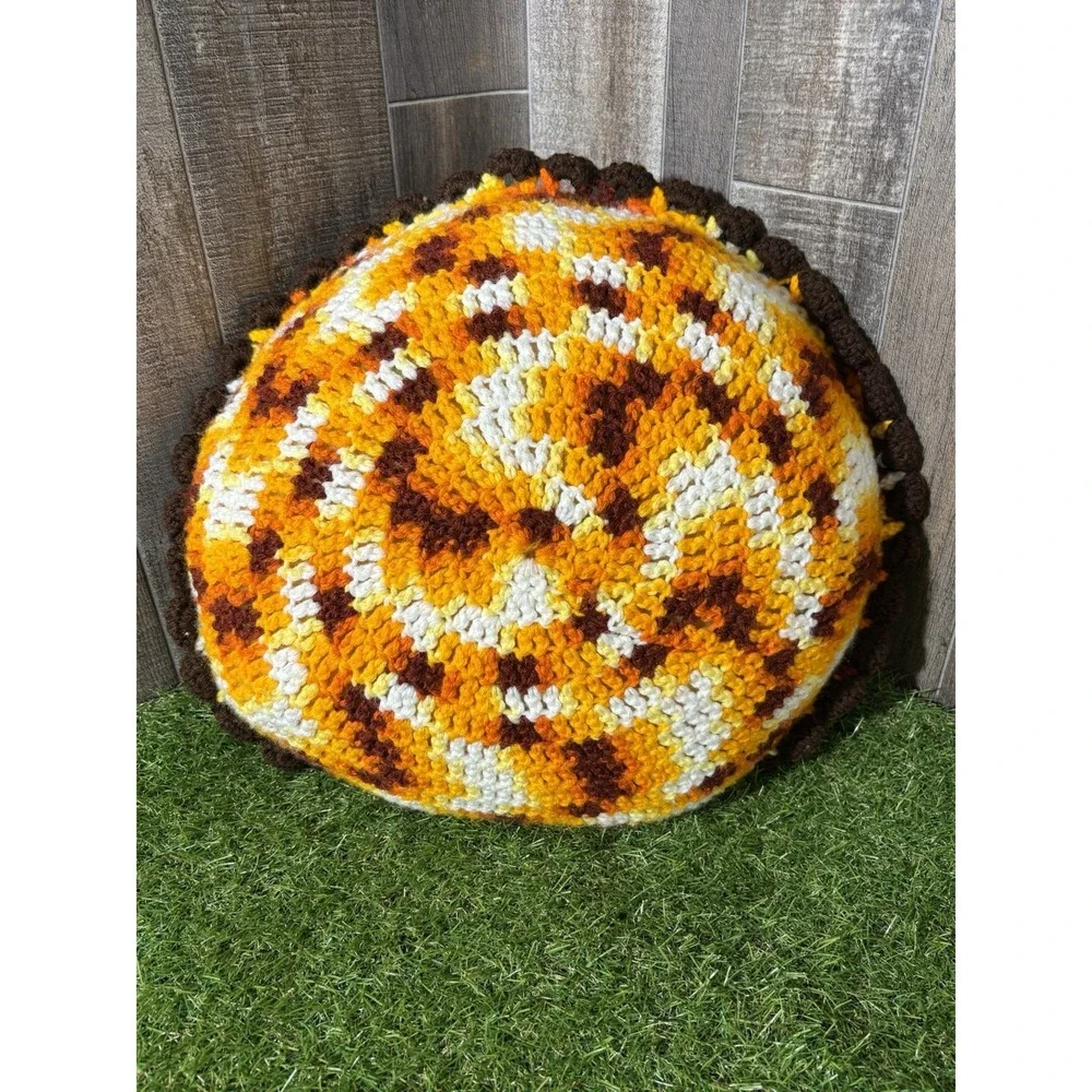 Vintage Crochet Doll Face Pillow‎ 70s Handmade Retro Kitsch Orange Brown 14